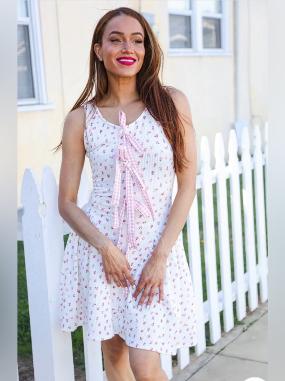Kori White Mini Dress with Pink Floral Print and Gingham bows - Picture 9 of 10